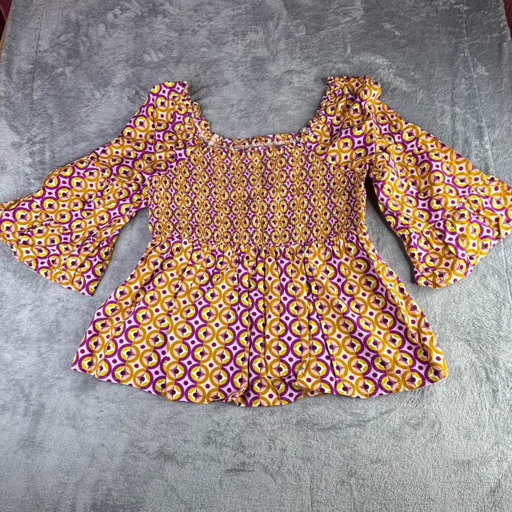 Terra & Sky Peplum Top Womens 0X 14W Purple Gold Geometric‎ Smocked Bell Sleeve
